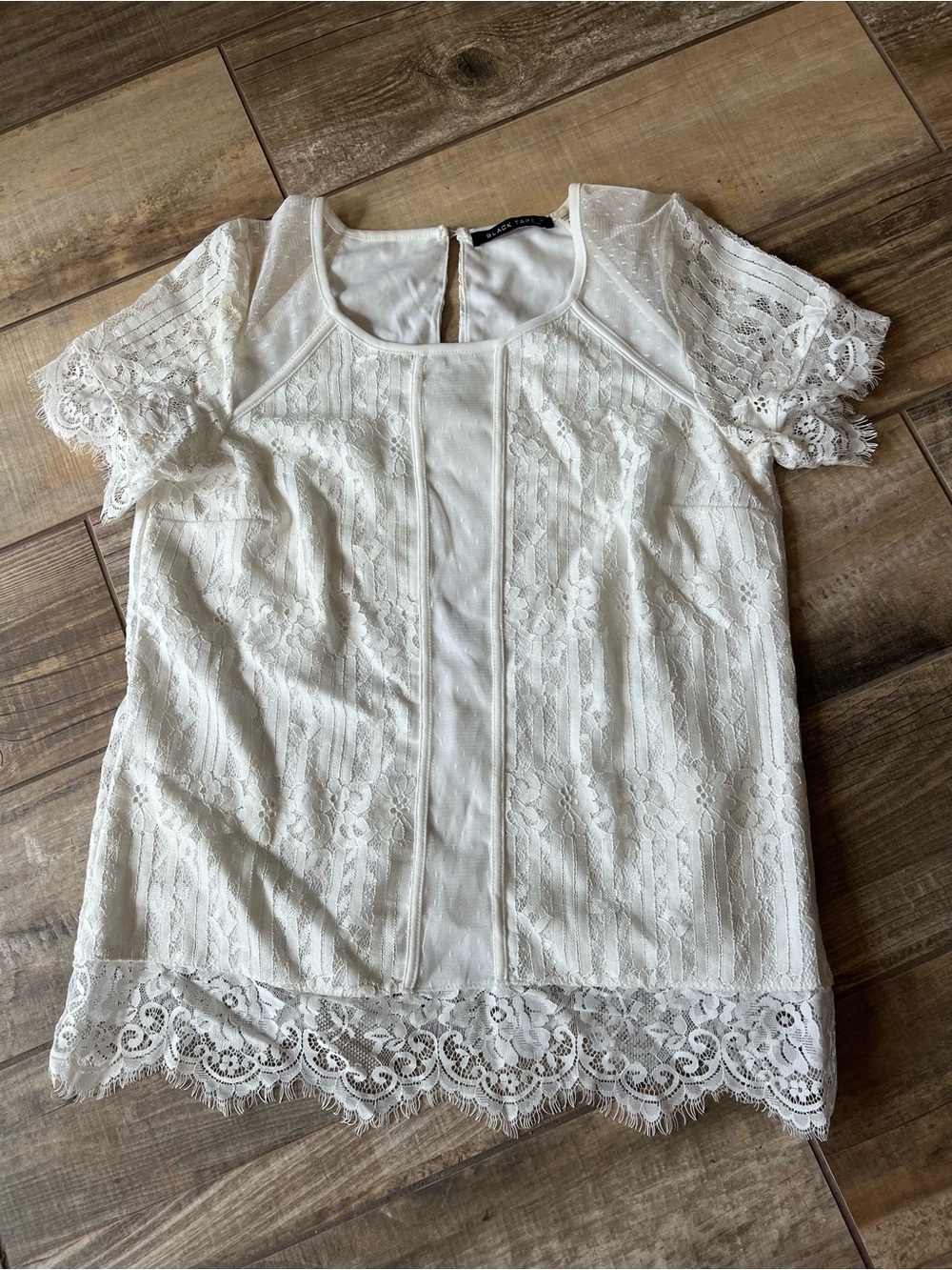 Black Tape_ White Lace Short Sleeve Blouse